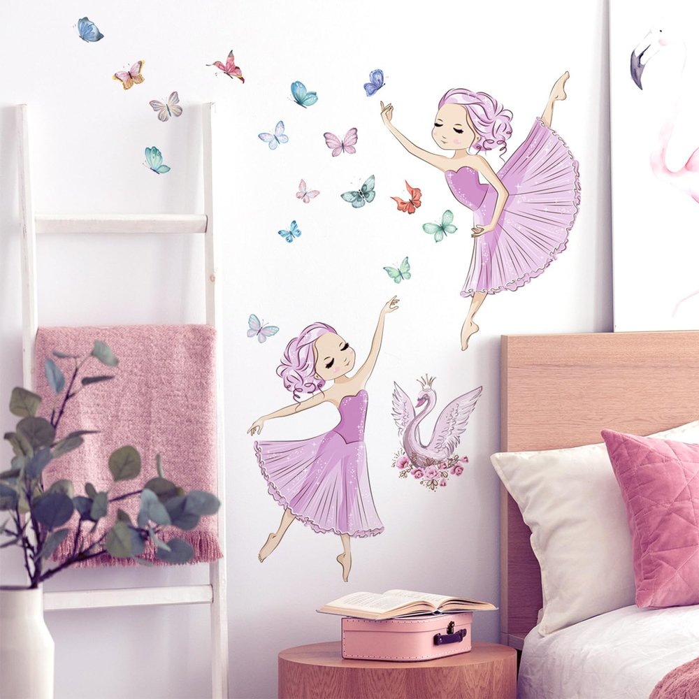 ACEZIYAN Ballet Girl Wall Stickers Pink Butterfly Flowers Wall Stickers Room Decoration Decals Cartoon Girl Wall Stickers for Bedroom, Theme Party, Garden Decoration