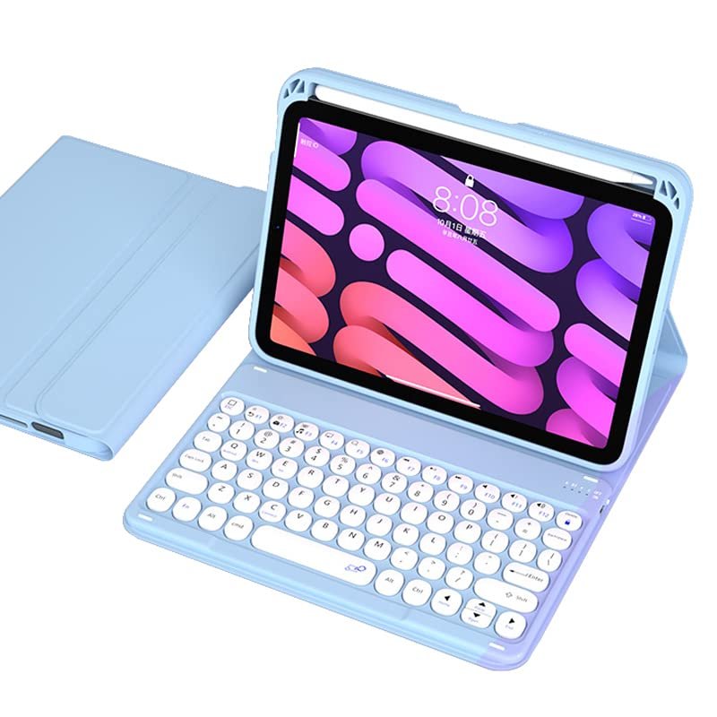 QYiiD Keyboard Case for iPad mini 6 2021, Cute Round Key Color Keyboard Wireless Detachable BT Keyboard Cover 8.3 Inch iPad mini 6th Generation Gen Keyboard Case with Pencil Holder, Blue
