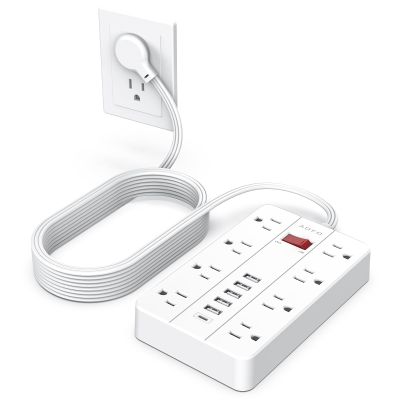 10ft Extension Cord Long Power Strip,AOFO 8 Widely-Spaced Outlets & 6 USB Ports Flat Plug Power Strip,Power Cord for Wall Mountable and Desktop White