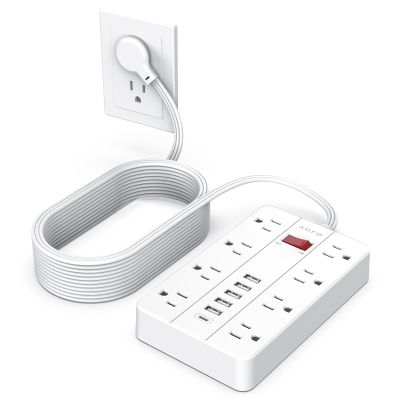 15ft Extension Cord Long Power Strip,AOFO 8 Widely-Spaced Outlets & 6 USB Ports Flat Plug Power Strip,Power Cord for Wall Mountable and Desktop White