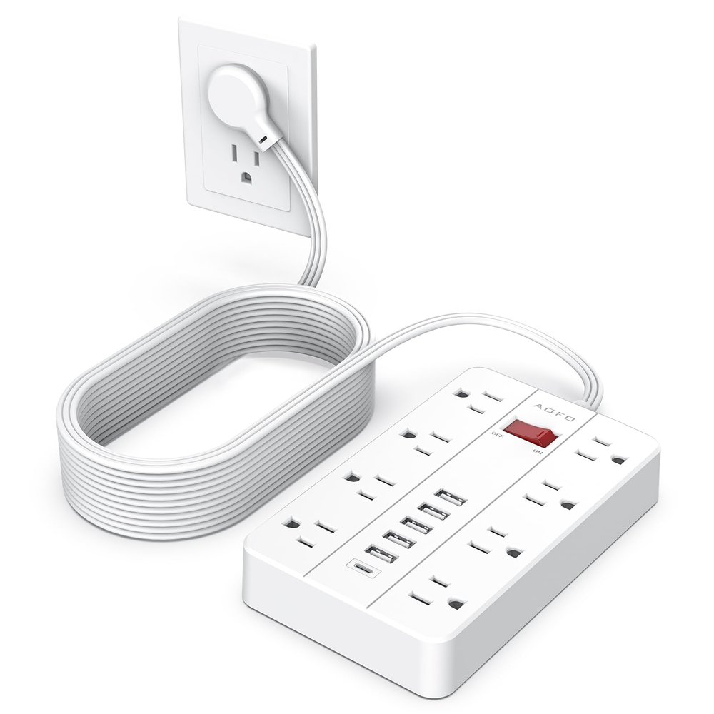 15ft Extension Cord Long Power Strip,AOFO 8 Widely-Spaced Outlets & 6 USB Ports Flat Plug Power Strip,Power Cord for Wall Mountable and Desktop White