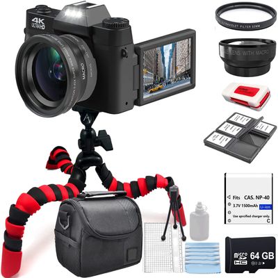 Acuvar 4K 56MP Digital Camera Kit for Photography, Vlogging Camera for YouTube with Flip Screen, WiFi, Wide Angle & Macro Lens, 64GB Micro SD Card, 12" Flexible Tripod, Carrying Case, Card Reader
