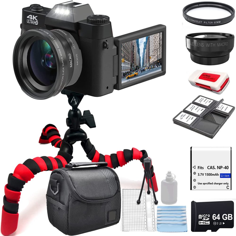 Acuvar 4K 56MP Digital Camera Kit for Photography, Vlogging Camera for YouTube with Flip Screen, WiFi, Wide Angle & Macro Lens, 64GB Micro SD Card, 12" Flexible Tripod, Carrying Case, Card Reader