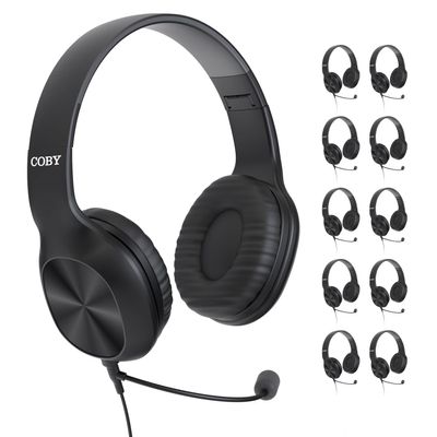 Coby Wired Headphones, 10-Pack, Folding On-Ear Headset with Microphone, Cushioned Earpads, Bundle Headphones for Gaming, Schools, Call-Centers, Customer Service, in-Line Call Control (Boom Mic)