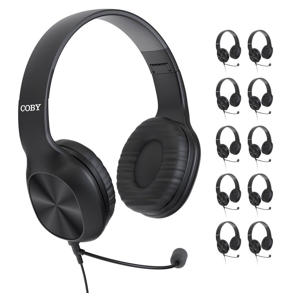 Coby Wired Headphones, 10-Pack, Folding On-Ear Headset with Microphone, Cushioned Earpads, Bundle Headphones for Gaming, Schools, Call-Centers, Customer Service, in-Line Call Control (Boom Mic)