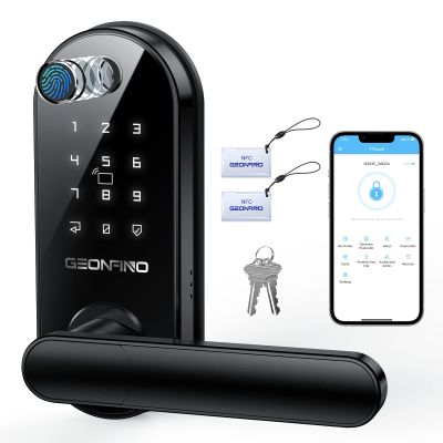 GEONFINO Smart Door Lock 6-in-1 Fingerprint Door Lock with Anti-Peeping, Black Keyless Door Lock with Biometric Handle for Home