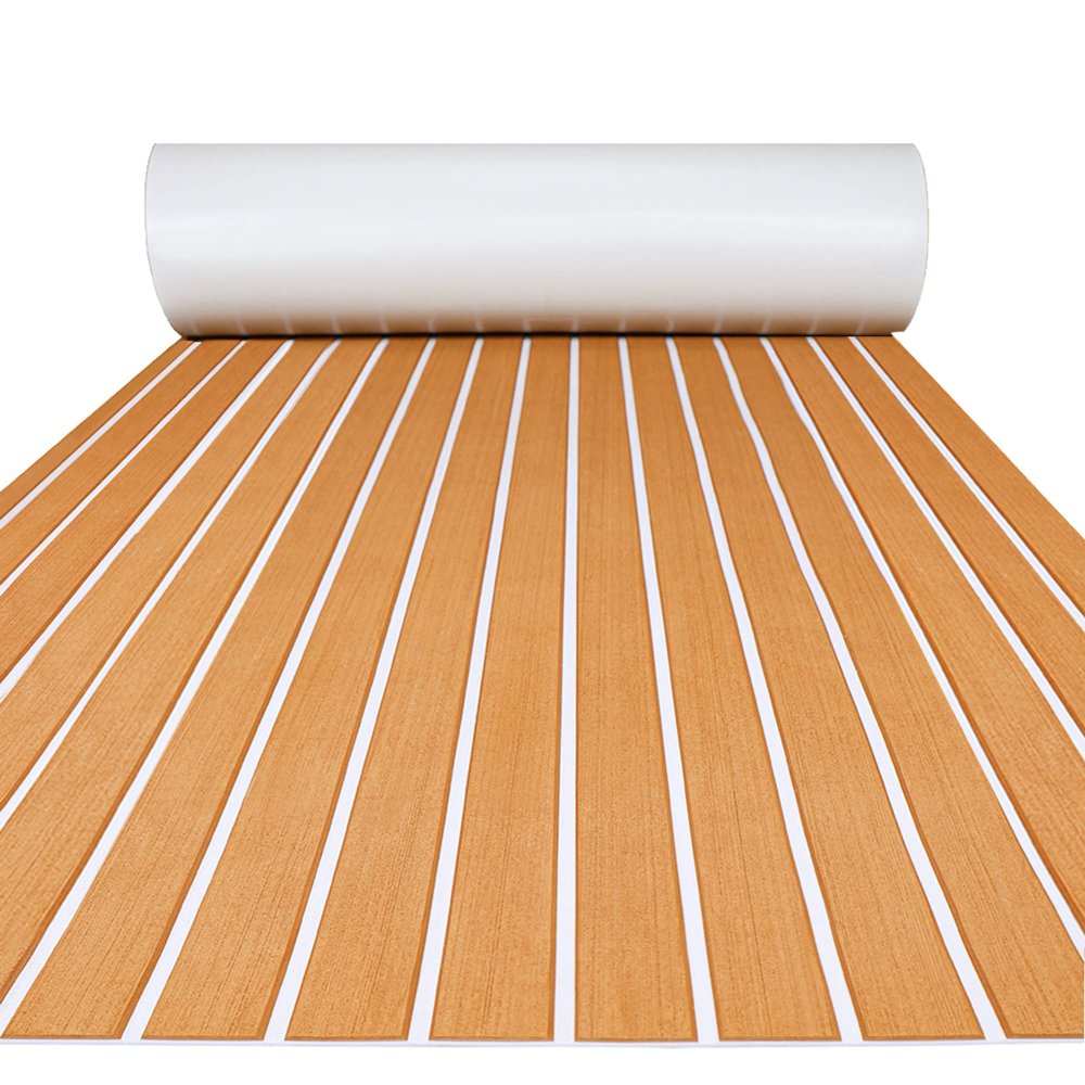 FOCEAN Boat Flooring EVA Foam Boat Decking Faux Teak Marine Flooring Marine Mat Sheet for Motorboat RV Yacht Kayak Surfboard, 94.5''x 47.2'', Brown with White Lines