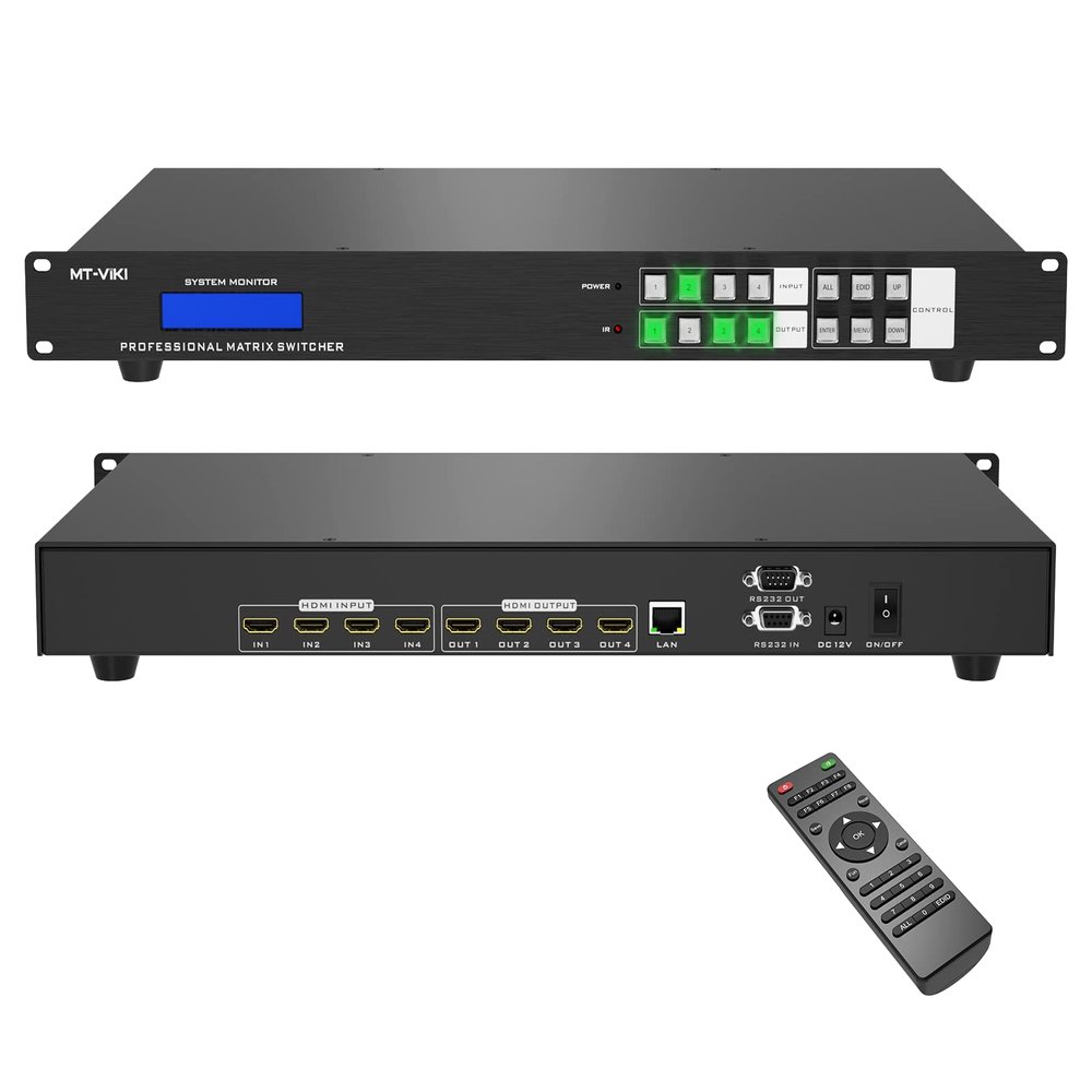 MT-VIKI 4K HDMI Matrix Switch 4X4, 4K@30Hz Rack Mount Switcher & Splitter with Backlit RS232 LAN Port and EDID, Built-in US ADI Chip (4 in 4 Out)