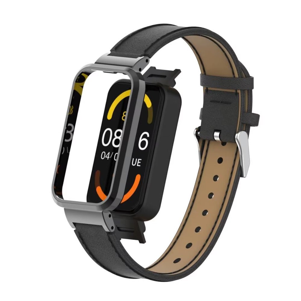 T-BLUER Compatible with Xiaomi Redmi Smart Band Pro Bands,Redmi Smart Band Pro Leather Replacement Bracelet Strap Wristband Accessories with Metal Frame for Xiaomi Redmi Smart Band Pro,Black