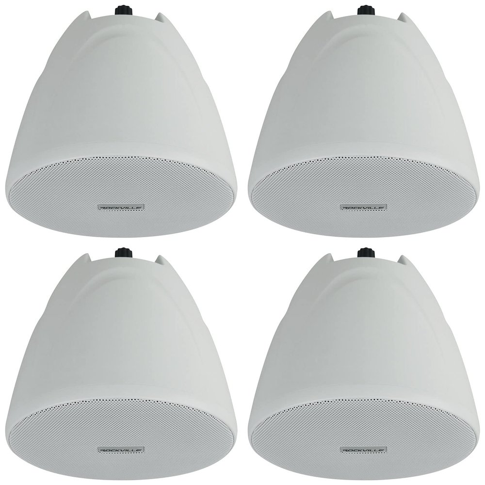 Rockville PEN-40T White 4 in 70V Hanging Pendant Speaker, 8 Ohm Option, 2-Way Design, Selectable Power Taps, for Restaurants & Commercial Spaces 4-Piece