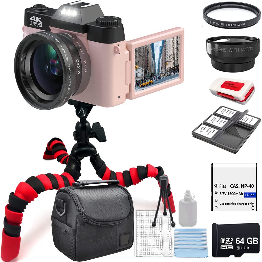 Acuvar 4K Digital Camera 48MP Vlogger Essentials Kit with Flexible Tripod, Carrying Case, Wide Angle Lens, 180 Flip Screen, WiFi, 16X Zoom