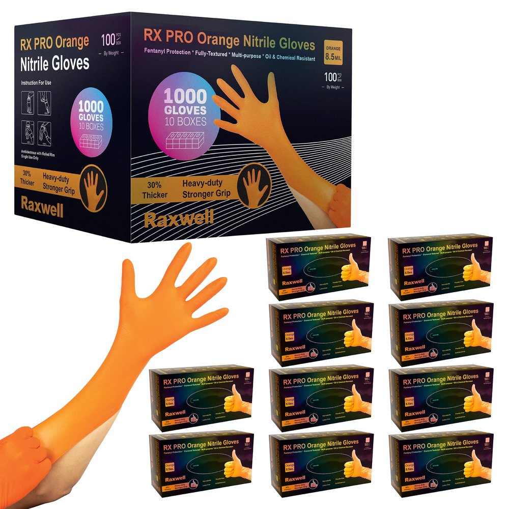 Raxwell Work Gloves with Grip - Large Orange 1000-Count - Powder Free Nitrile - Puncture Resistant & Diamond Texture - Heavy Duty Disposable Gloves