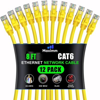 Maximm Cat 6 Ethernet Cable 8 Ft, (12-Pack) Cat6 Cable, LAN Cable, Internet Cable and Network Cable - UTP (Yellow), 8 Feet