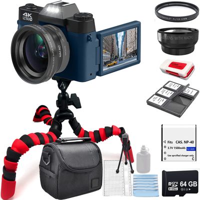Acuvar 4K 56MP Digital Camera Kit for Photography, Vlogging Camera for YouTube with Flip Screen, WiFi, Wide Angle & Macro Lens, 64GB Micro SD Card, 12" Flexible Tripod, Carrying Case, Card Reader