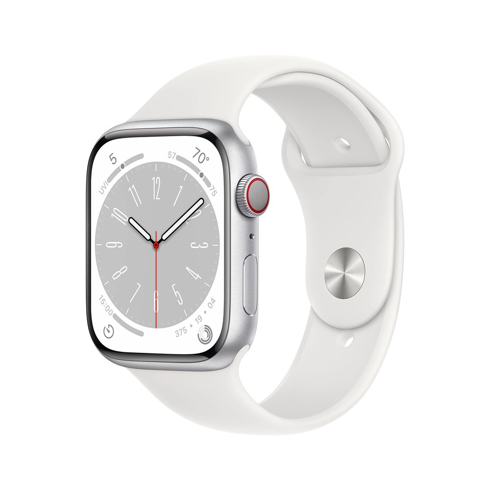 Apple Watch Series 8 [GPS + Cellular, 45mm] - Silver Aluminum Case with White Sport Band, M/L (Renewed)
