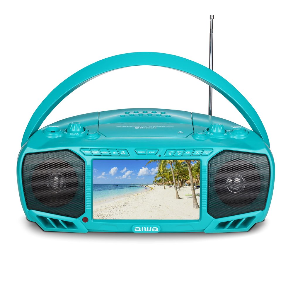 Aiwa Portable Boombox, Crystal Clear Sound with 3W x 2 Speakers and Bass Function, Featuring a 7" LCD Display, Bluetooth Connectivity, FM Radio, CD/DVD Player, Streaming on Roku and Amazon Firestick