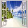 BELECO 7x5ft Fabric Tropical Beach Window View Backdrop Seascape Blue Sky White Clouds Palm Trees Summer Scenery Windowsill Background Hawaiian Seaside Party Decor Photo Studio Props Wall Mural view 1