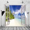BELECO 7x5ft Fabric Tropical Beach Window View Backdrop Seascape Blue Sky White Clouds Palm Trees Summer Scenery Windowsill Background Hawaiian Seaside Party Decor Photo Studio Props Wall Mural view 2