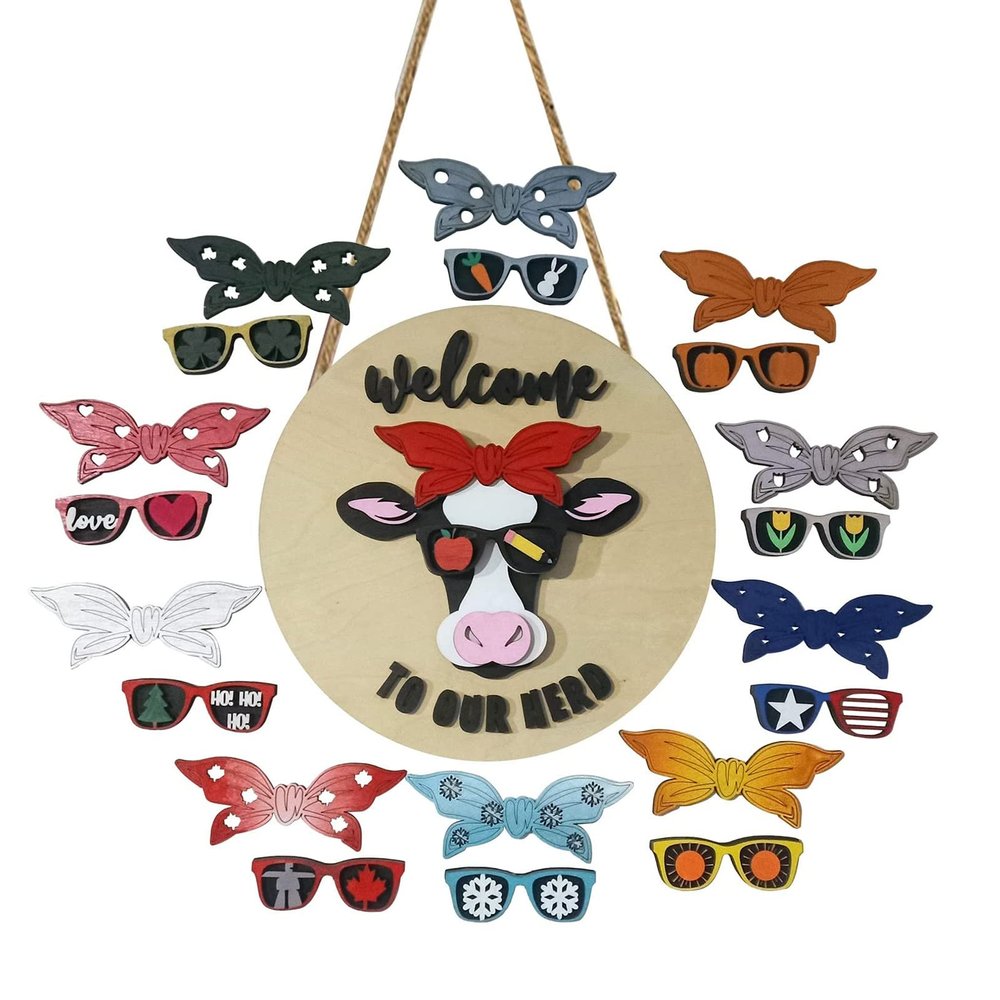 MOCIUN 10PCS Interchangeable Door Hanger Cow Eye, Farmhouse Door Hanging, Cow Door Hanger, Catching Front Door Hanging Decoration, for Easter Independence Day, Thanksgiving Day, Valentine's Day (B)