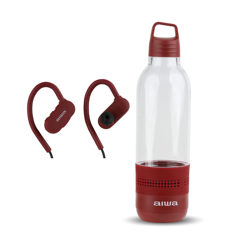 AIWA Water Bottle with Speaker and Earphone Bundle - 400ml Water Bottle with 4 Hour Playtime and Wireless Sports Earphones with Integrated Mic, 10 Hours Playtime for Workout, Camping and Hiking, Burgudy