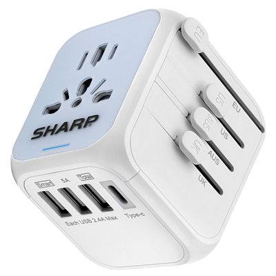 SHARP Universal Travel Adapter International Wall Charger Worldwide AC Plug Adaptor with 3 USB-A and 1 USB Type-C for USA EU UK AUS (White)