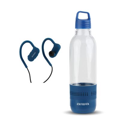 Aiwa Water Bottle with Speaker and Earphone Bundle - 400ml Water Bottle with 4 Hour Playtime and Wireless Sports Earphones with Integrated Mic, 10 Hours Playtime for Workout, Camping and Hiking