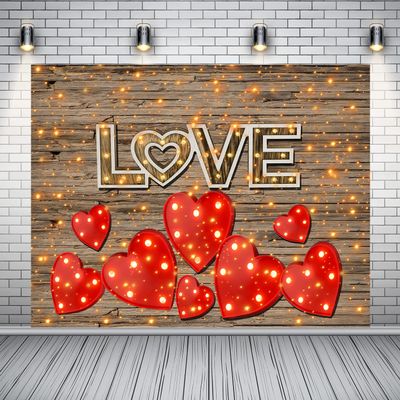 10x6.5ft Brown Wooden Valentine's Day Red Heart Shinny Photography Backdrops Love Photo Booth Prop for Studio Portrait