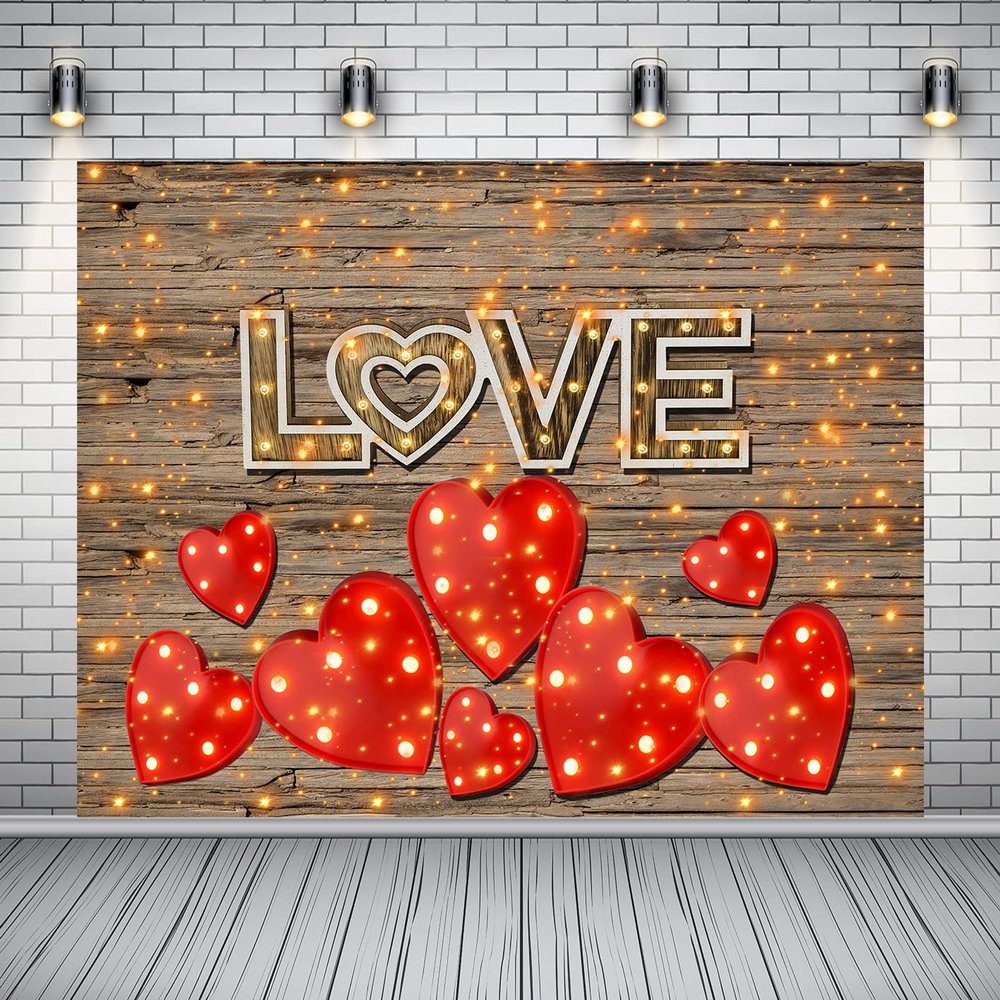 10x6.5ft Brown Wooden Valentine's Day Red Heart Shinny Photography Backdrops Love Photo Booth Prop for Studio Portrait