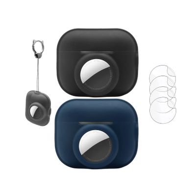 [2 Pack] for Airpods pro 2 airtag case,2 in 1 Case for Airpods Pro 2 Case with Airtag Holder,Silicone GPS Tracker Cover Holder with 2 Lanyard,Black+Navy Blue