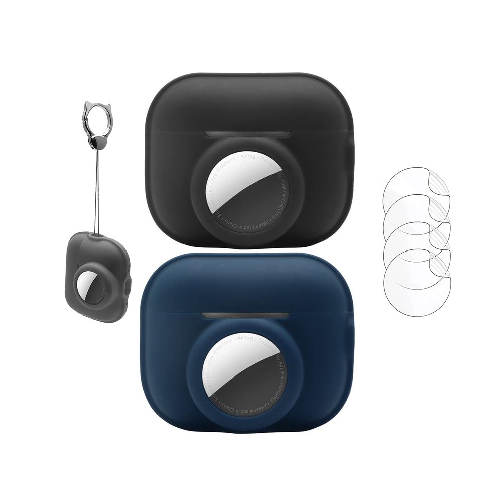[2 Pack] for Airpods pro 2 airtag case,2 in 1 Case for Airpods Pro 2 Case with Airtag Holder,Silicone GPS Tracker Cover Holder with 2 Lanyard,Black+Navy Blue