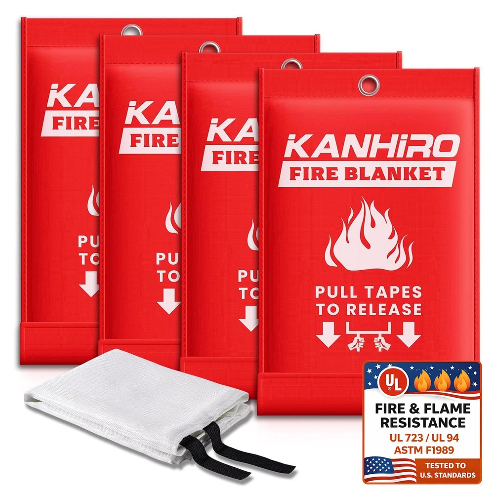 Emergency Fire Blanket for Home Kitchen - KANHIRO Fiberglass Fire Suppression Blanket Great for School, Fireplace, Grill, Car, Office, Warehouse (4 Pack, 39 in X 39 in)