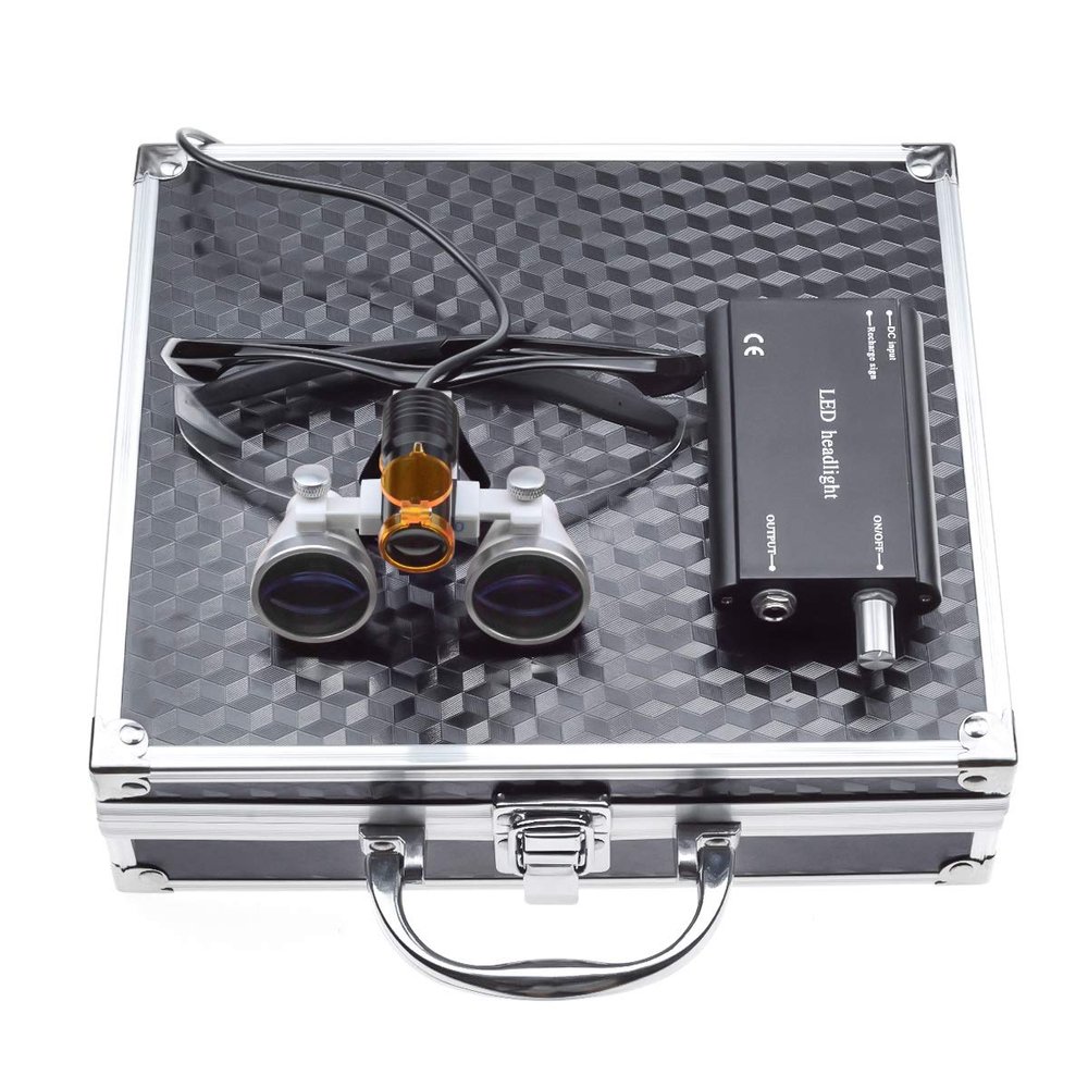 MrHugoo White Lens Tube 3.5X Optical Glass Binocular Loupes with LED Head Light Lamp 5W, Carrying Aluminum Case (Black)