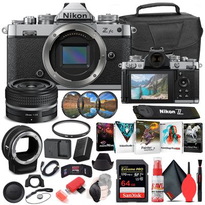 Nikon Z fc Mirrorless Digital Camera with 28mm Lens (Black, 1673) Bundle with FTZ Adapter + 64GB Extreme PRO SD Card + Camera Bag + Editing Software + 4pc Filter Kit + More (Renewed)