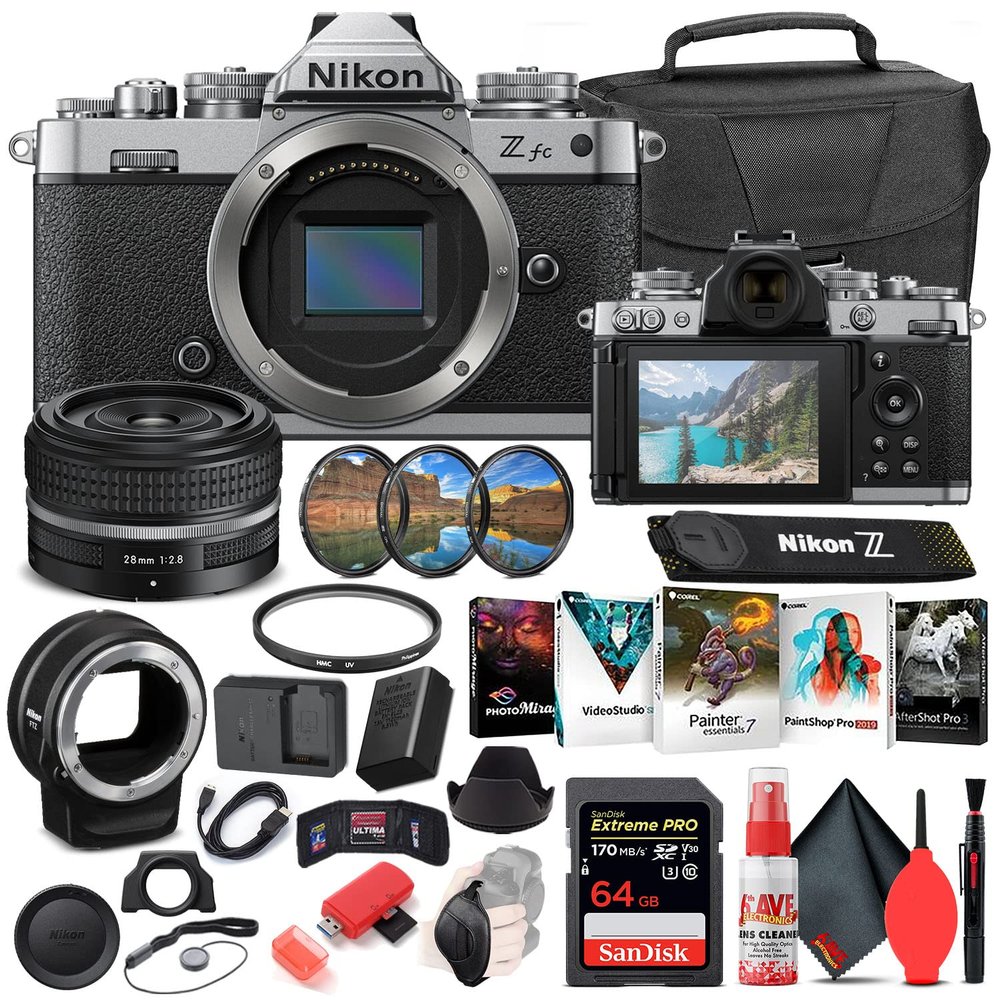 Nikon Z fc Mirrorless Digital Camera with 28mm Lens (Black, 1673) Bundle with FTZ Adapter + 64GB Extreme PRO SD Card + Camera Bag + Editing Software + 4pc Filter Kit + More (Renewed)