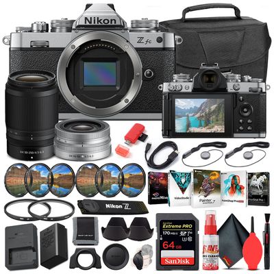 Nikon Z fc Mirrorless Digital Camera with 16-50mm and 50-250mm Lens (Black, 851090) Bundle with 64GB Extreme PRO SD Card + Camera Bag + Editing Software + Filter Kit + Cleaning Kit (Renewed)