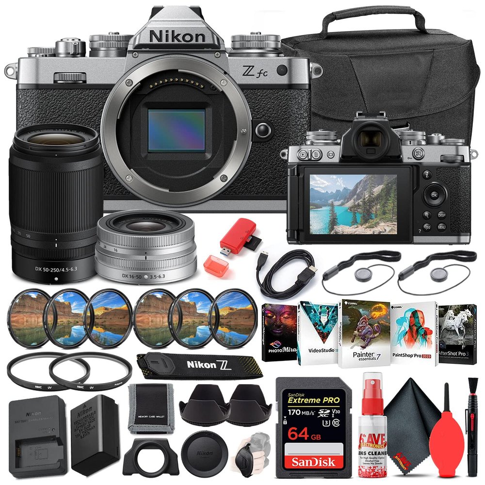 Nikon Z fc Mirrorless Digital Camera with 16-50mm and 50-250mm Lens (Black, 851090) Bundle with 64GB Extreme PRO SD Card + Camera Bag + Editing Software + Filter Kit + Cleaning Kit (Renewed)