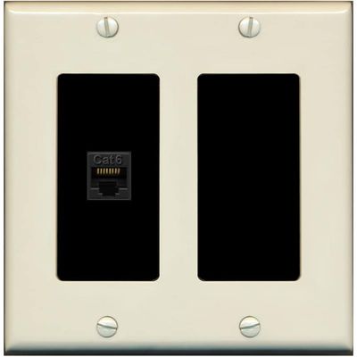 RiteAV 1 Port Cat6 Ethernet Wall Plate Female-Female - 2 Gang Decorative [Light-Almond/Black]