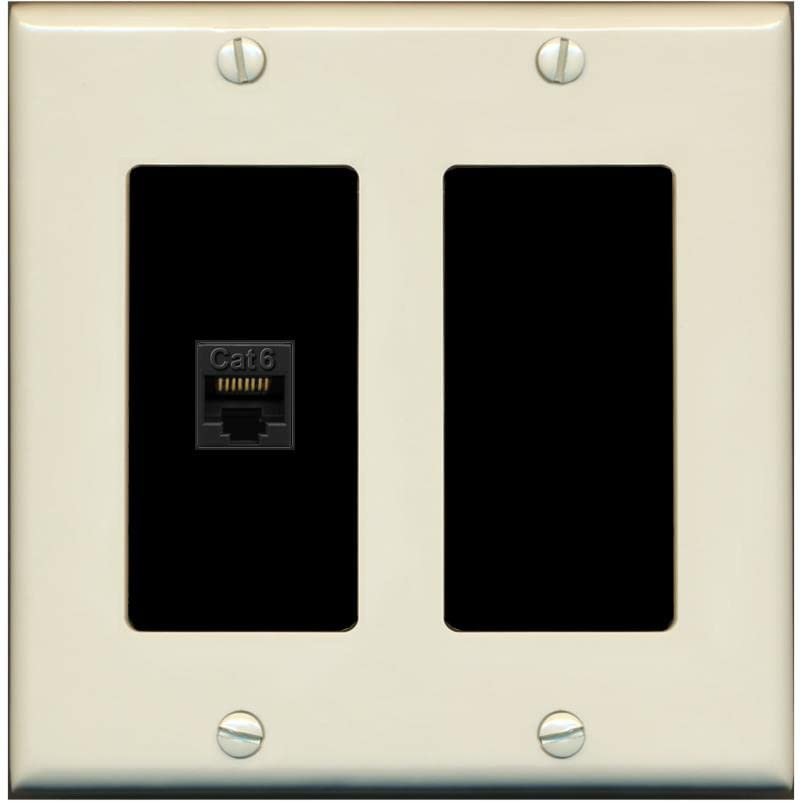 RiteAV 1 Port Cat6 Ethernet Wall Plate Female-Female - 2 Gang Decorative [Light-Almond/Black]