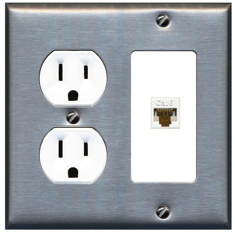 RiteAV 1 Port Cat6 Ethernet Wall Plate Female-Female - Round Outlet [Stainless/White]