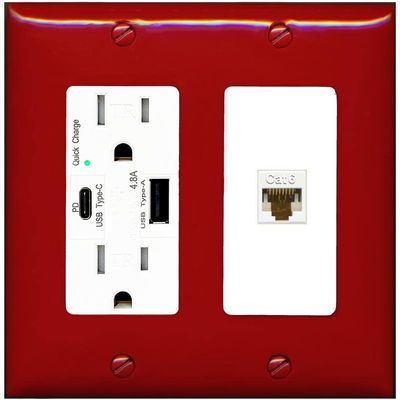 RiteAV 1 Port Cat6 Ethernet Wall Plate Female-Female - USB A+C Charger Outlet [Red/White]