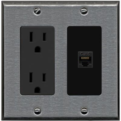 RiteAV 1 Port Cat6 Ethernet Wall Plate Female-Female - Outlet [Stainless/Black]