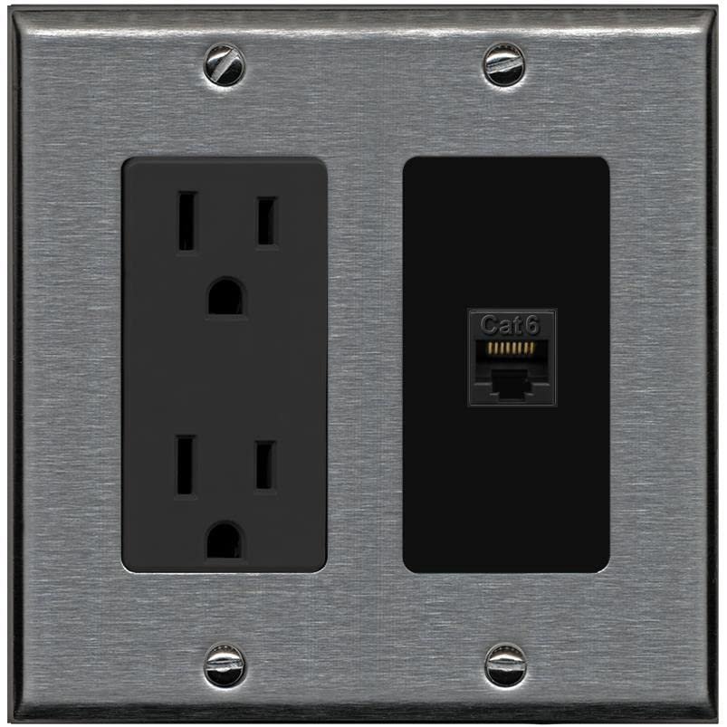 RiteAV 1 Port Cat6 Ethernet Wall Plate Female-Female - Outlet [Stainless/Black]