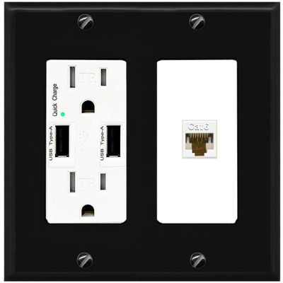 RiteAV 1 Port Cat6 Ethernet Wall Plate Female-Female - USB Charger Outlet [Black/White]