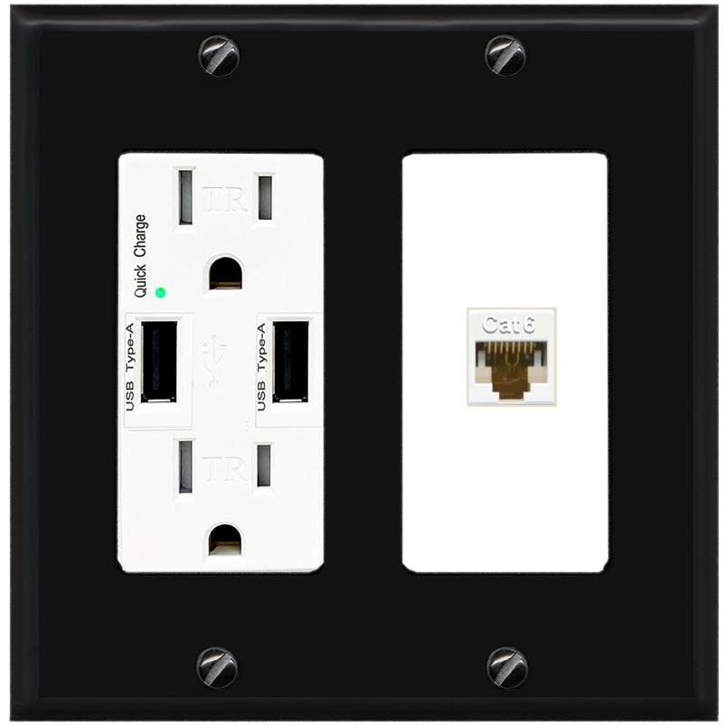 RiteAV 1 Port Cat6 Ethernet Wall Plate Female-Female - USB Charger Outlet [Black/White]