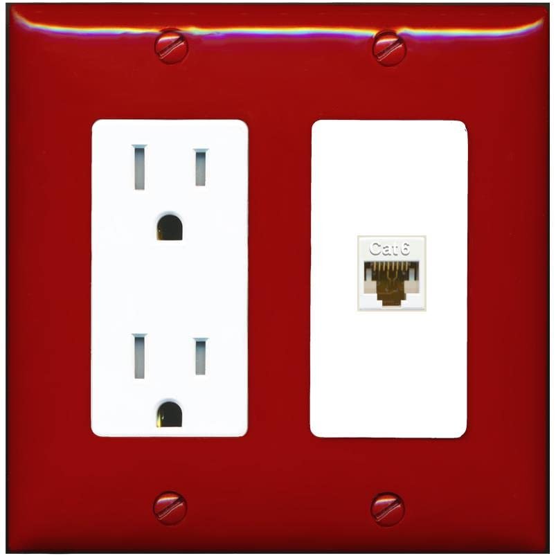 RiteAV 1 Port Cat6 Ethernet Wall Plate Female-Female - Tamper-Resistant Outlet [Red/White]