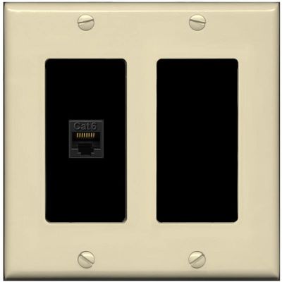 RiteAV 1 Port Cat6 Ethernet Wall Plate Female-Female - 2 Gang Decorative [Ivory/Black]