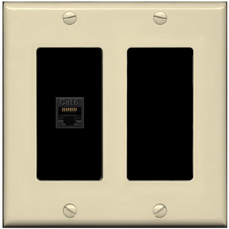 RiteAV 1 Port Cat6 Ethernet Wall Plate Female-Female - 2 Gang Decorative [Ivory/Black]