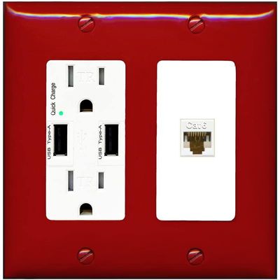 RiteAV 1 Port Cat6 Ethernet Wall Plate Female-Female - USB Charger Outlet [Red/White]