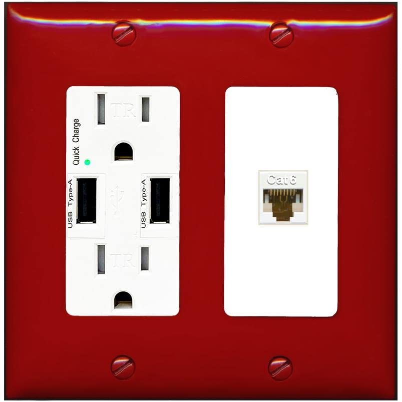 RiteAV 1 Port Cat6 Ethernet Wall Plate Female-Female - USB Charger Outlet [Red/White]