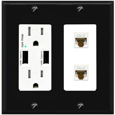 RiteAV 2 Port Cat6 Ethernet Wall Plate - USB Charger [Black/White]